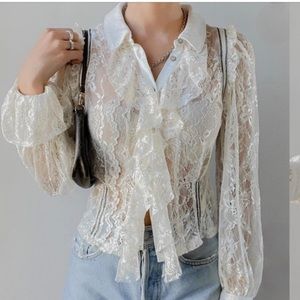 free people floral lace collared button front ruffle blouse
